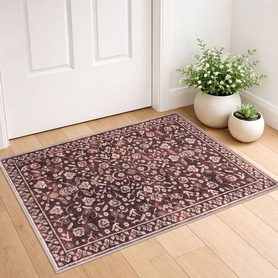 GLATTICE Throw Rug with Rubber Backing Washable 2x3 Small Area Rugs Non Slip Floral Super Soft Kitchen Rugs Indoor Door Mat Thin Print Faux Wool Carpet for Entryway Entrance Office, Deep Burgundy