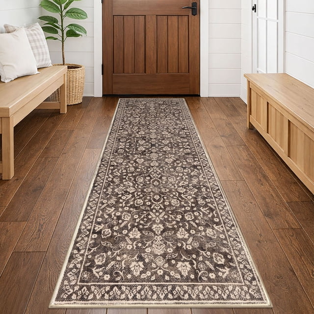 GLATTICE Runner Rug 2x6 Non Slips Rug Runner Super Soft Kitchen Runner Rug Printed Faux Wool Floral Thin Blue Rugs for Hallway Entryway Laundry Room Bedroom, Rust Brown Red