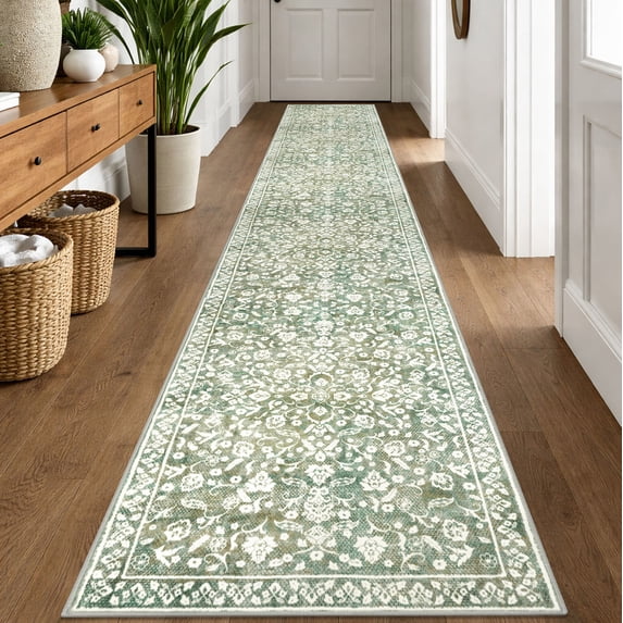 GLATTICE Runner Rug for Hallway 2x12 Non Slips Rug Runner Super Soft Kitchen Runner Rug Printed Faux Wool Floral Thin Rugs for Entryway Laundry Room Bedroom, Sage Green with Ivory Hues