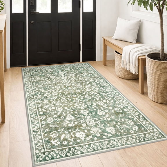 GLATTICE Entryway Rugs 3x5 ft Washable Area Rug Super Soft Rug Non Slip Rubber Backed Entry Rug for Kitchen Bedroom Office Living Room, Sage Green with Ivory Hues