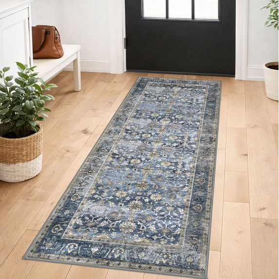 GLATTICE Washable 2x5 Runner Rug Hallways Non Slip Rug Runners Vintage Floral Printed Super Soft Carpet Runners for Entryway Bedroom Bedside Kitchen Laundry Room, Blue Grey Beige
