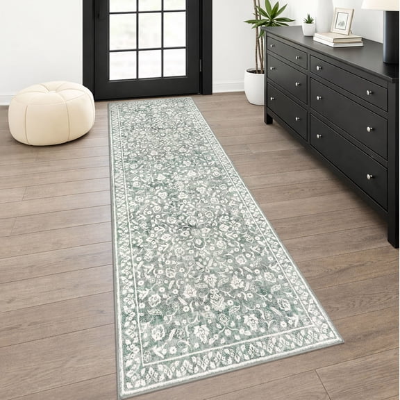 GLATTICE Runner Rug 2x6 Non Slips Rug Runner Super Soft Kitchen Runner Rug Printed Faux Wool Floral Thin Beige Rugs for Hallway Entryway Laundry Room Bedroom,Sage Green Grey