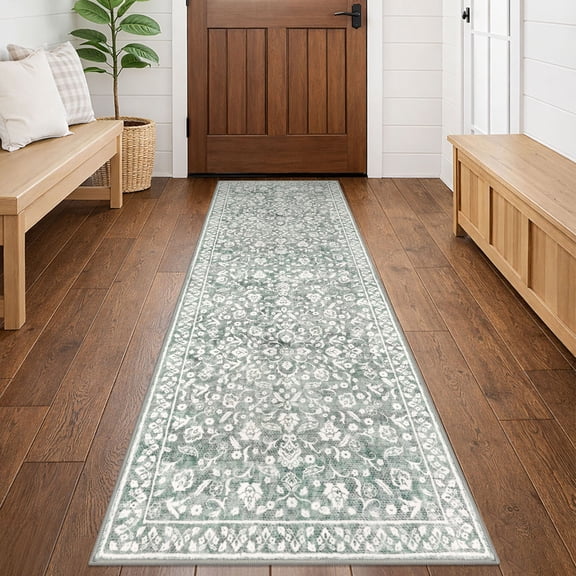 GLATTICE Runner Rug 2x6 Non Slips Rug Runner Super Soft Kitchen Runner Rug Printed Faux Wool Floral Thin Beige Rugs for Hallway Entryway Laundry Room Bedroom,Sage Green Grey