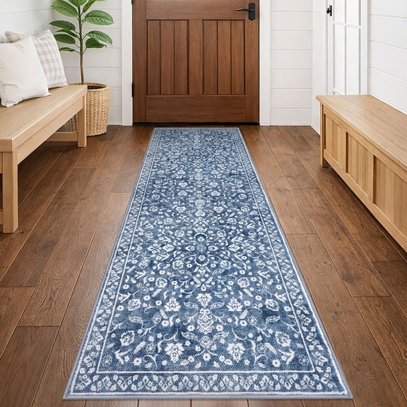 GLATTICE Runner Rug 2x6 Non Slips Rug Runner Super Soft Kitchen Runner Rug Printed Faux Wool Floral Thin Blue Rugs for Hallway Entryway Laundry Room Bedroom