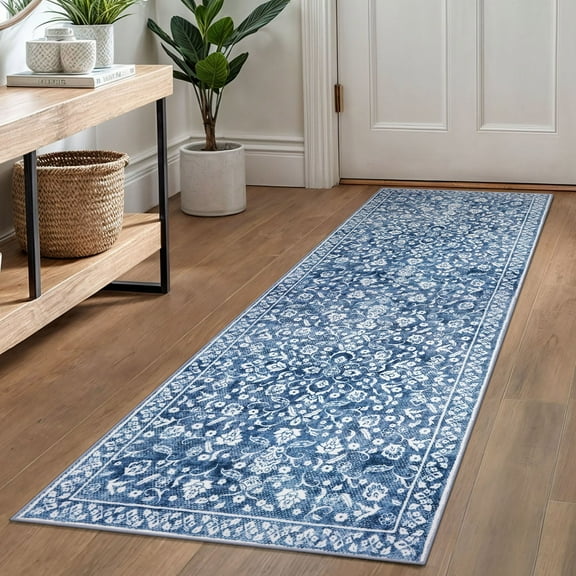 GLATTICE Runner Rug 2x6 Non Slips Rug Runner Super Soft Kitchen Runner Rug Printed Faux Wool Floral Thin Blue Rugs for Hallway Entryway Laundry Room Bedroom