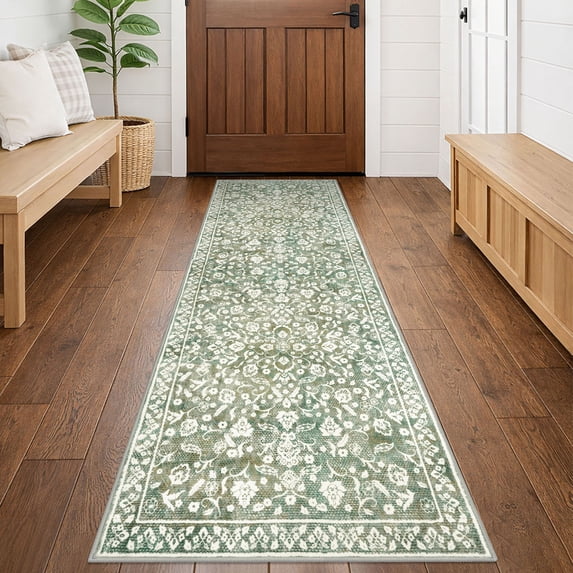 GLATTICE Runner Rug 2x6 Non Slips Rug Runner Super Soft Kitchen Runner Rug Printed Faux Wool Floral Thin Rugs for Hallway Entryway Laundry Room Bedroom, Sage Green with Ivory Hues
