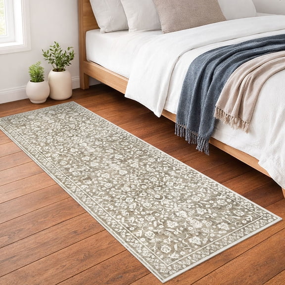 GLATTICE Runner Rug for Hallway 2x7 Non Slips Rug Runner Super Soft Kitchen Runner Rug Printed Faux Wool Floral Thin Rugs for Entryway Laundry Room Bedroom, Taupe Beige with Ivory Hues