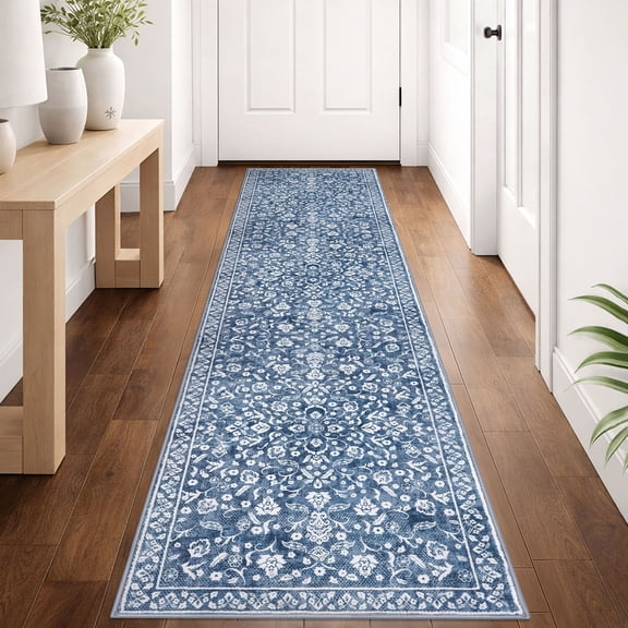 GLATTICE Runner Rug for Hallway 2x8 Non Slips Rug Runner Super Soft Kitchen Runner Rug Printed Faux Wool Floral Thin Blue Rugs for Entryway Laundry Room Bedroom