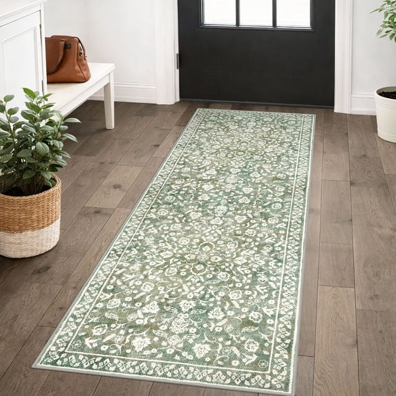 GLATTICE Runner Rug with Rubber Backing 2x5 Runner for hallways Super Soft Kitchen Runner Rug Printed Faux Wool Floral Thin Carpet Runner for Entryway Laundry Room Bedroom, Sage Green with Ivory Hues