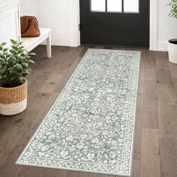 GLATTICE Runner Rug with Rubber Backing 2x5 Runner for hallways Super Soft Kitchen Runner Rug Non Slip Printed Faux Wool Floral Thin Carpet Runner for Entryway Laundry Room Bedroom,Sage Green Grey