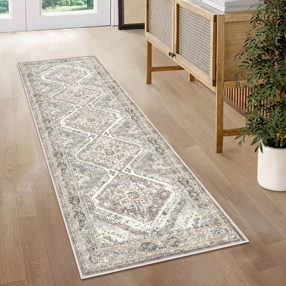 GLATTICE Washable Runner Rug 2x5 Ivory Grey Runners Non-Slip Ultra Soft Printed Distressed Medallion Floor Carpet Runner for Bedroom Hallway Kitchen