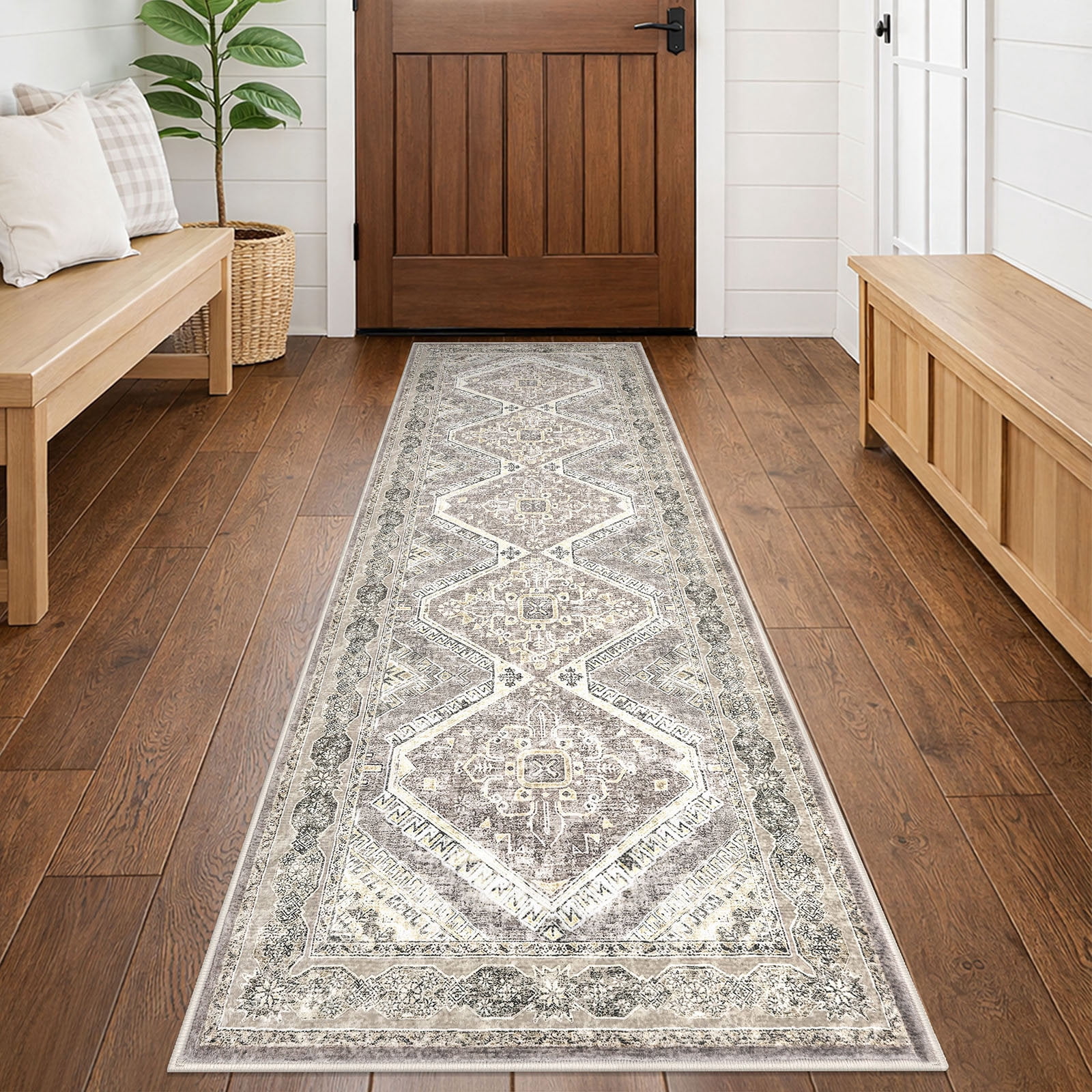 GLATTICE Runner Rug 2x6 Ivory Grey Vintage Floral Rug Boho Rug Runner Non-Slip Washable Kitchen Runner Soft Printed Retro Flower Carpet Runner for Bedroom Laundry Entryway