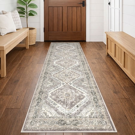 GLATTICE Runner Rug 2x6 Ivory Grey Vintage Floral Rug Boho Rug Runner Non-Slip Washable Kitchen Runner Soft Printed Retro Flower Carpet Runner for Bedroom Laundry Entryway