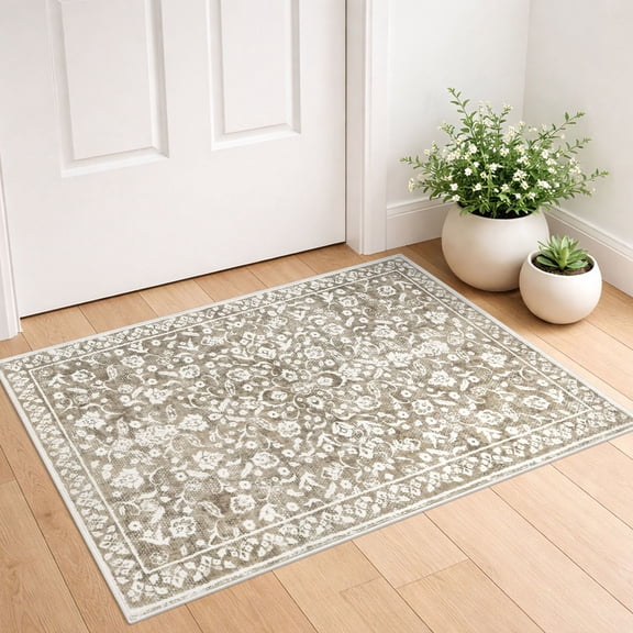 GLATTICE Throw Rug with Rubber Backing Washable 2x3 Small Area Rugs Non Slip Floral Super Soft Print Kitchen Rugs Indoor Door Mat for Entryway Entrance Office, Taupe Beige with Ivory Hues