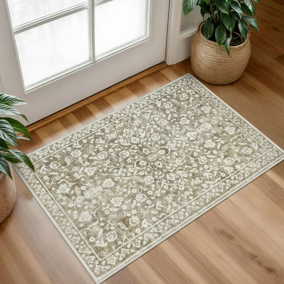 Glattice Throw Rug with Rubber Backing Washable 2x3 Beige Small Area Rugs Non Slip Floral Super Soft Kitchen Rugs Indoor Door Mat Thin Print Faux Wool Carpet for Entryway Entrance Office