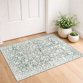GLATTICE Throw Rug with Rubber Backing Washable 2x3 Small Area Rugs Non Slip Floral Super Soft Kitchen Rugs Indoor Door Mat Thin Print Faux Wool Carpet for Entryway Entrance Office,Sage Green Grey