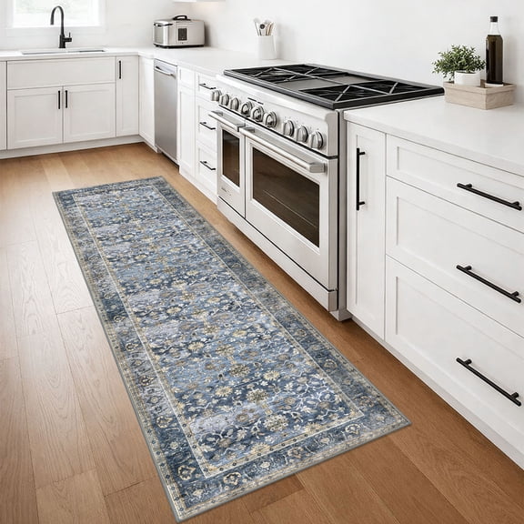 GLATTICE Washable 2x7 Runner Rug Hallways Non Slip Rug Runners Vintage Floral Printed Super Soft Carpet Runners for Entryway Bedroom Bedside Kitchen Laundry Room, Blue Grey Beige