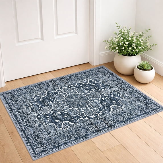 GLATTICE Small Area Rug 2x3 Navy Blue Washable Entryway Rug Non-Slip Ultra Soft Printed Oriental Floral Rug Doormat Small Accent Rug Farmhouse Kitchen Throw Rug for Entrance
