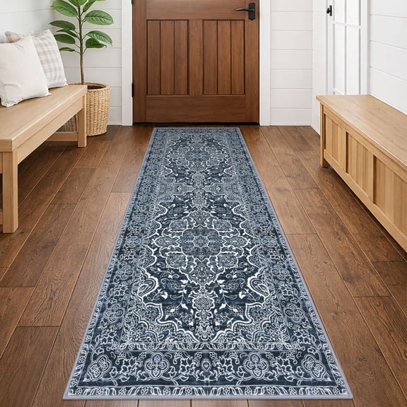 GLATTICE Runner Rug 2x6 Navy Blue Vintage Floral Rug Boho Rug Runner Non-Slip Washable Kitchen Runner Soft Printed Retro Flower Carpet Runner for Bedroom Laundry Entryway