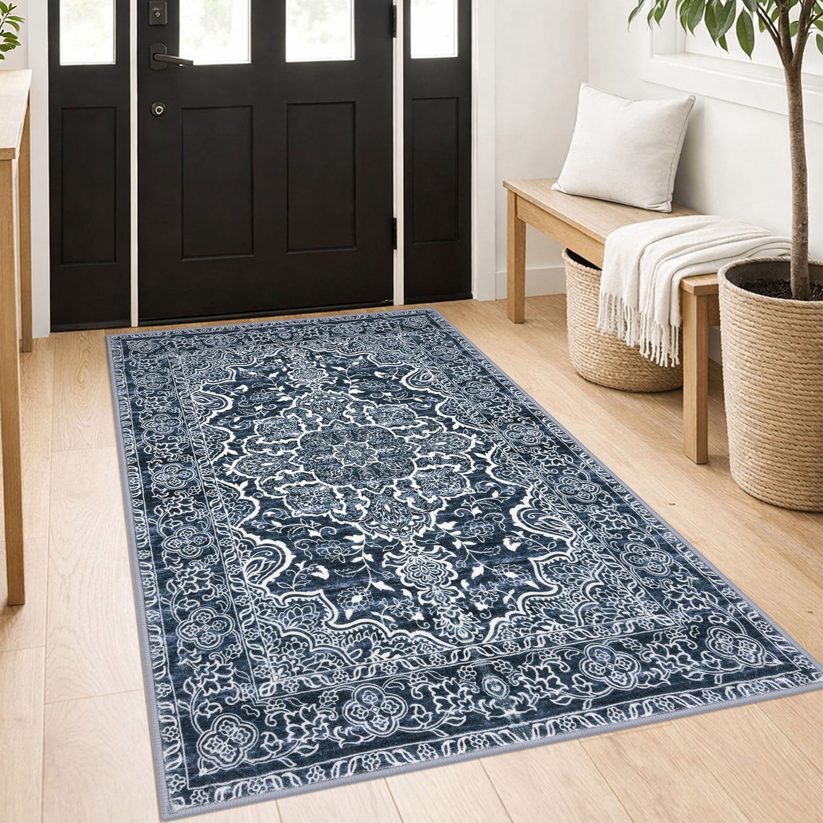 GLATTICE Washable Rugs 3x5 Navy Blue Area Rugs Vintage Floral Rug for Living Room Non-Slip Kitchen Rugs Soft Printed Distressed Entry Rug Low-Pile Throw Rug Carpet for Entryway Bedroom