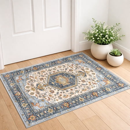 GLATTICE Small Area Rug 2x3 Ivory Blue Washable Entryway Rug Non-Slip Ultra Soft Printed Oriental Floral Rug Doormat Small Accent Rug Farmhouse Kitchen Throw Rug for Entrance