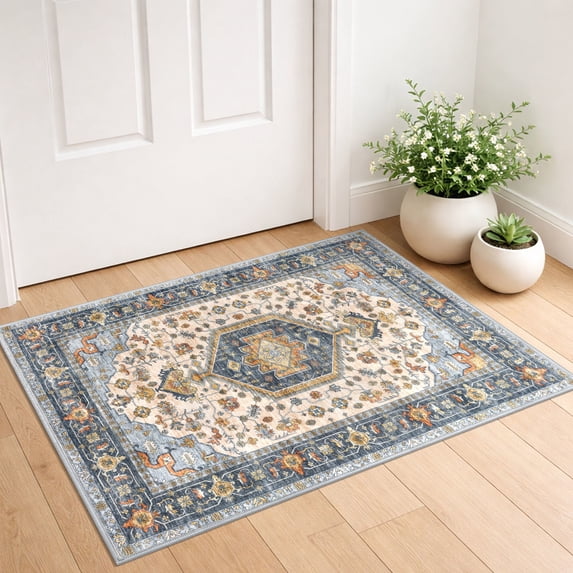 GLATTICE Small Area Rug 2x3 Ivory Blue Washable Entryway Rug Non-Slip ...