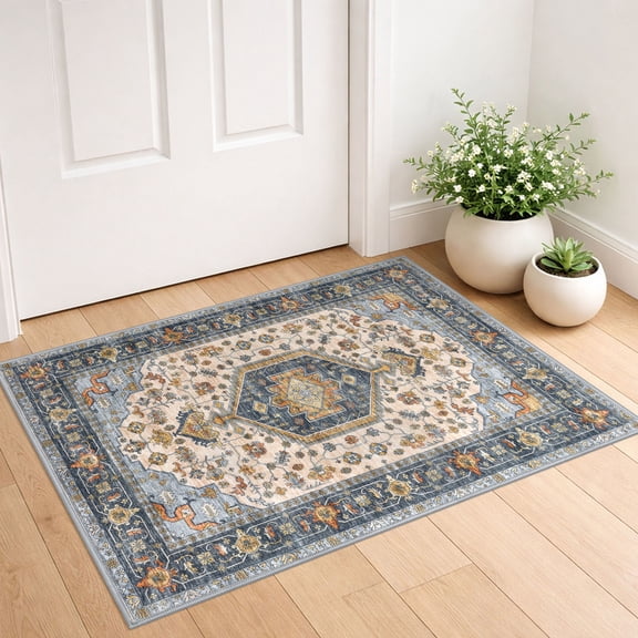 GLATTICE Small Area Rug 2x3 Ivory Blue Washable Entryway Rug Non-Slip Ultra Soft Printed Oriental Floral Rug Doormat Small Accent Rug Farmhouse Kitchen Throw Rug for Entrance