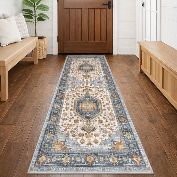 GLATTICE Runner Rug 2x6 Ivory Blue Vintage Floral Rug Boho Rug Runner Non-Slip Washable Kitchen Runner Soft Printed Retro Flower Carpet Runner for Bedroom Laundry Entryway