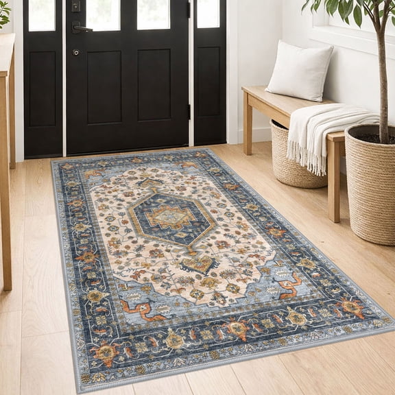 GLATTICE Washable Rugs 3x5 Ivory Blue Area Rugs Vintage Floral Rug for Living Room Non-Slip Kitchen Rugs Soft Printed Distressed Entry Rug Low-Pile Throw Rug Carpet for Entryway Bedroom