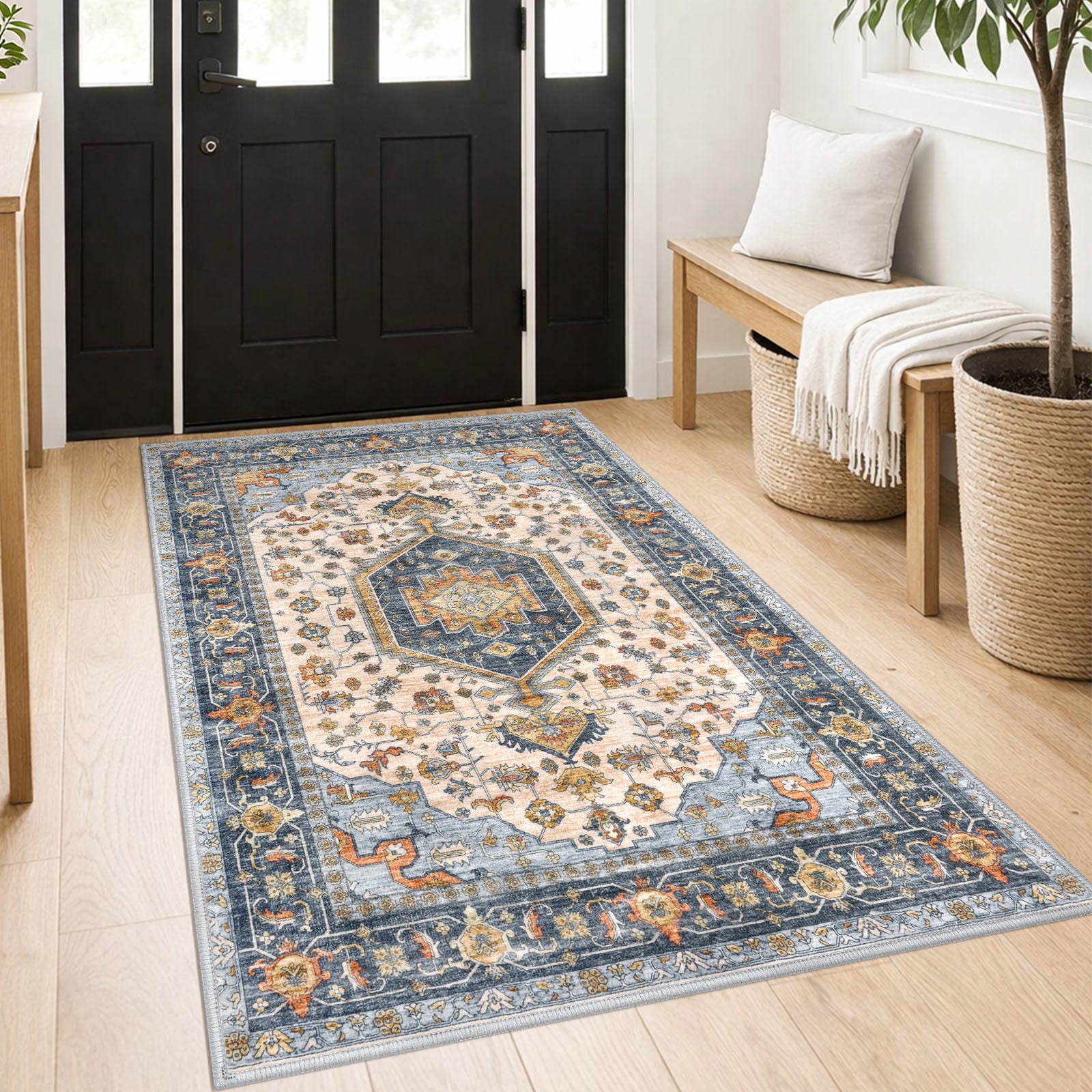 GLATTICE Washable Rugs 3x5 Ivory Blue Area Rugs Vintage Floral Rug for Living Room Non-Slip Kitchen Rugs Soft Printed Distressed Entry Rug Low-Pile Throw Rug Carpet for Entryway Bedroom