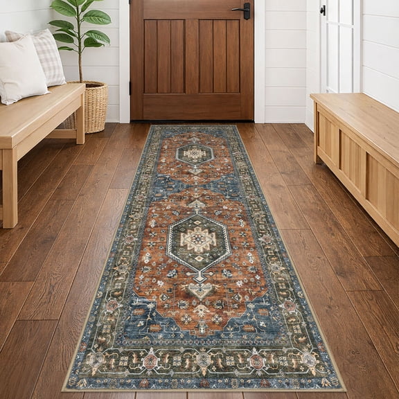 GLATTICE Runner Rug 2x6 Brick Red Vintage Floral Rug Boho Rug Runner Non-Slip Washable Kitchen Runner Soft Printed Retro Flower Carpet Runner for Bedroom Laundry Entryway