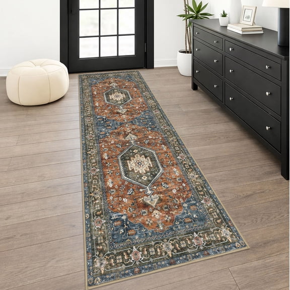 GLATTICE Runner Rug 2x6 Brick Red Vintage Floral Rug Boho Rug Runner Non-Slip Washable Kitchen Runner Soft Printed Retro Flower Carpet Runner for Bedroom Laundry Entryway