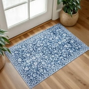 Glattice Throw Rug with Rubber Backing Washable 2x3 Blue Small Area Rugs Non Slip Floral Super Soft Kitchen Rugs Indoor Door Mat Thin Print Faux Wool Carpet for Entryway Entrance Office