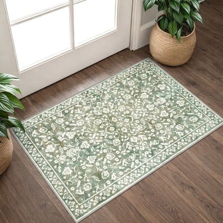 GLATTICE Throw Rug with Rubber Backing Washable 2x3 Small Area Rugs Non Slip Floral Super Soft Print Kitchen Rugs Indoor Door Mat for Entryway Entrance Office, Sage Green with Ivory Hues