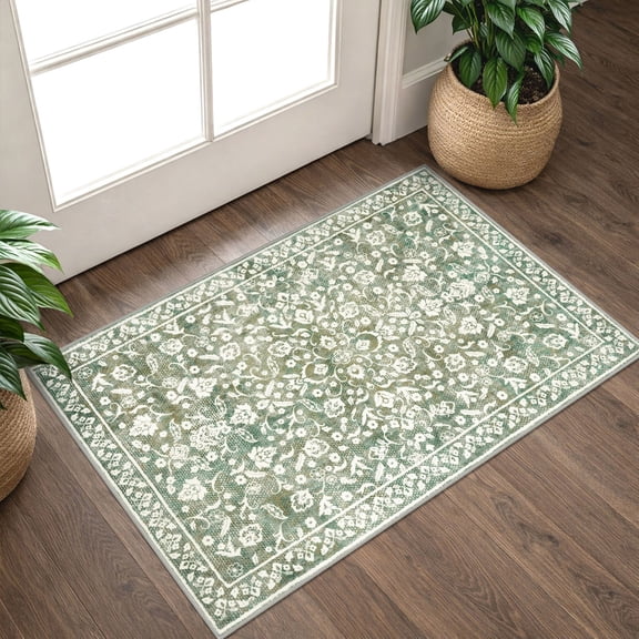 GLATTICE Throw Rug with Rubber Backing Washable 2x3 Small Area Rugs Non Slip Floral Super Soft Print Kitchen Rugs Indoor Door Mat for Entryway Entrance Office, Sage Green with Ivory Hues
