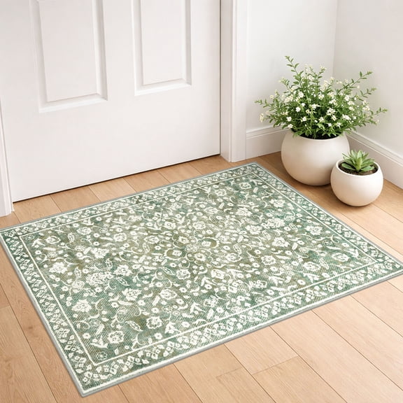 GLATTICE Throw Rug with Rubber Backing Washable 2x3 Small Area Rugs Non Slip Floral Super Soft Print Kitchen Rugs Indoor Door Mat for Entryway Entrance Office, Sage Green with Ivory Hues