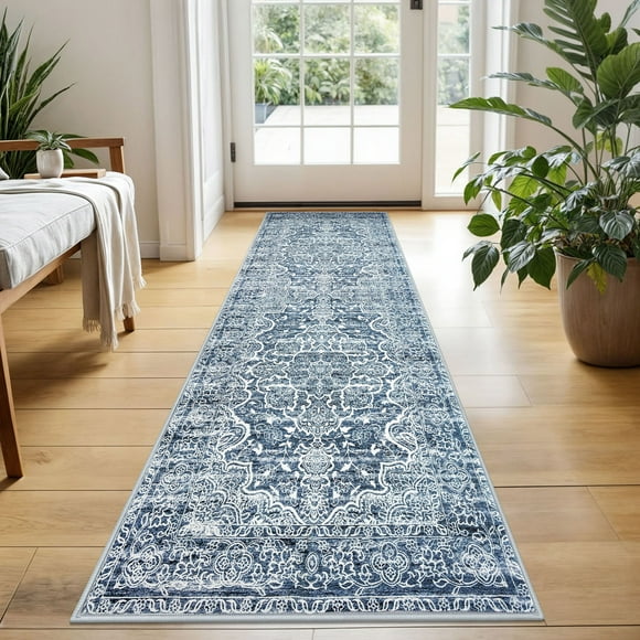 Glattice Washable Runner Rug 2x5 Blue Runners Non-Slip Ultra Soft Printed Distressed Medallion Floor Carpet Runner for Bedroom Hallway Kitchen