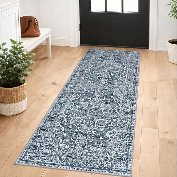 GLATTICE Washable Runner Rug 2x5 Blue Runners Non-Slip Ultra Soft Printed Distressed Medallion Floor Carpet Runner for Bedroom Hallway Kitchen
