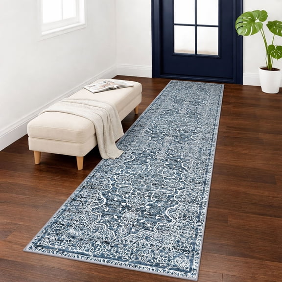 GLATTICE Washable Runner Rug 2x7 Blue Runners Non-Slip Ultra Soft Printed Distressed Medallion Floor Carpet Runner for Bedroom Hallway Kitchen