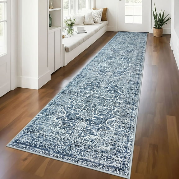 GLATTICE Washable Runners 2.6x12 Blue Runners Non-Slip Hallway Runner Rugs with Rubber Backing Ultra Soft Printed Distressed Long 12ft Indoor Runners for Bedroom Entryway Laundry Room Foyer