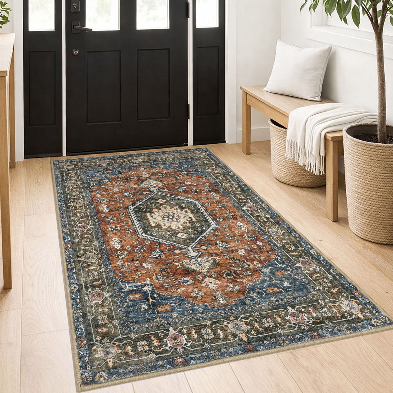GLATTICE Washable Rugs 3x5 Brick Red Area Rugs Vintage Floral Rug for Living Room Non-Slip Kitchen Rugs Soft Printed Distressed Entry Rug Low-Pile Throw Rug Carpet for Entryway Bedroom