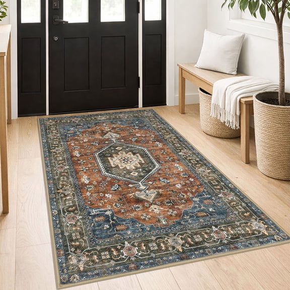 GLATTICE Washable Rugs 3x5 Brick Red Area Rugs Vintage Floral Rug for Living Room Non-Slip Kitchen Rugs Soft Printed Distressed Entry Rug Low-Pile Throw Rug Carpet for Entryway Bedroom