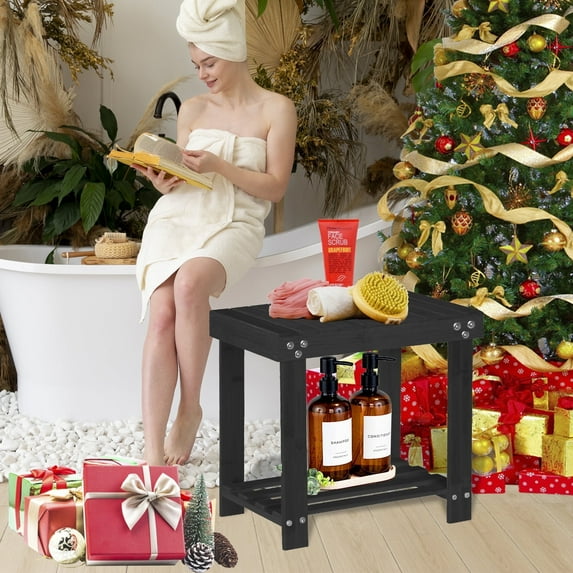 Glavbiku 2-Tier Bamboo Bathroom Bench Shower Stool Non-slip Waterproof Shower Seat,Black