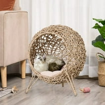 Glavbiku 20.5" Rattan Cat Bed, Elevated Wicker Kitten House Round Condo with Cushion,Natural