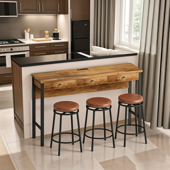 Glavbiku 3 Drawer Long Dining Table Set with Outlets,Bar Kitchen Table with Circular PU Stool,Brown