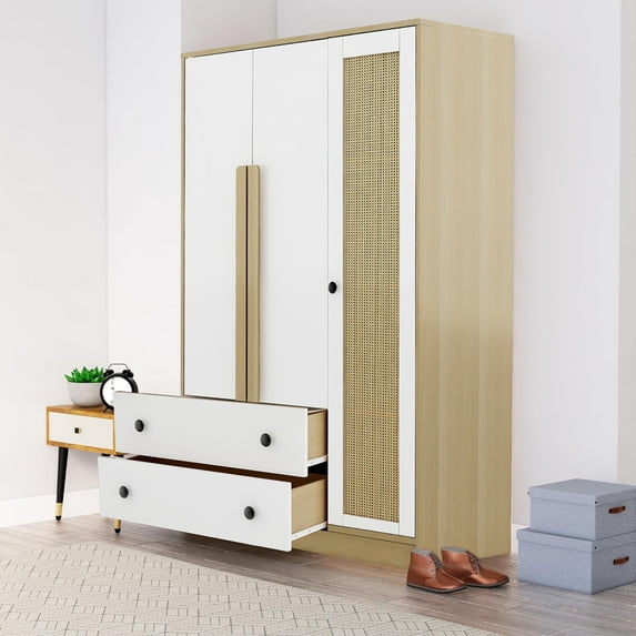 Glavbiku 3 Rattan Door Wood Wardrobe for Bedroom,Armoire with 2 Drawer,Clothes Storage Cabinet,White