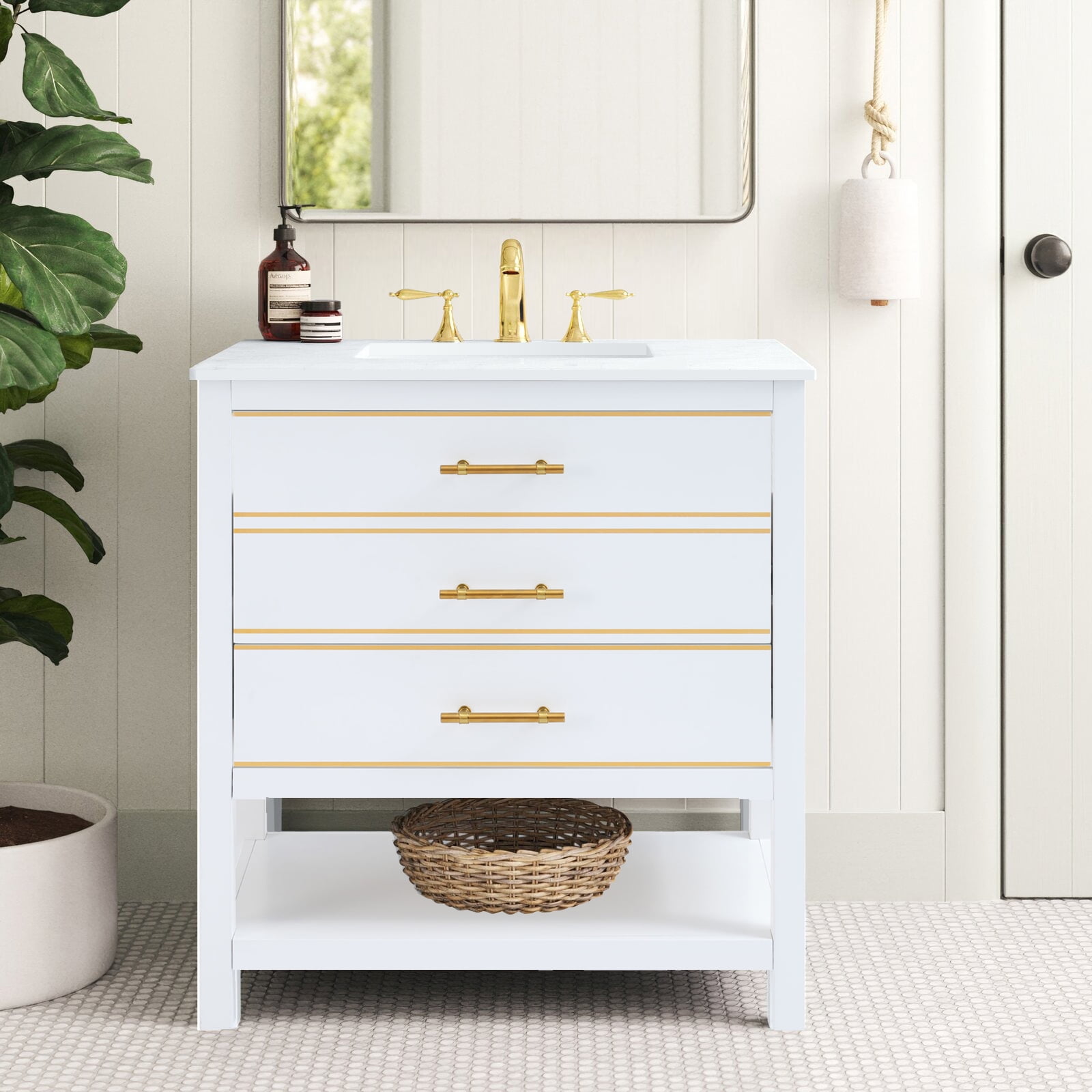 White and Gold 30" Freestanding Bathroom Vanity with Ceramic Sink