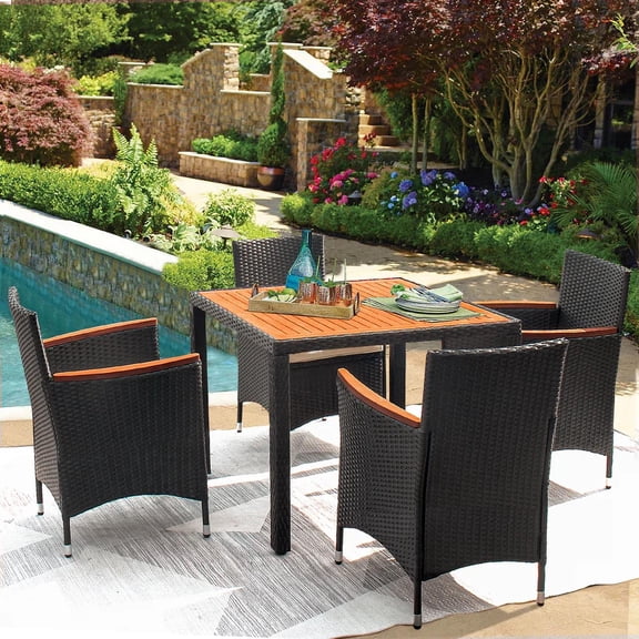 Glavbiku 4 Seat Outdoor Patio Wicker Dining Set,Outdoor Rattan Furniture Set with Wood Top,Black