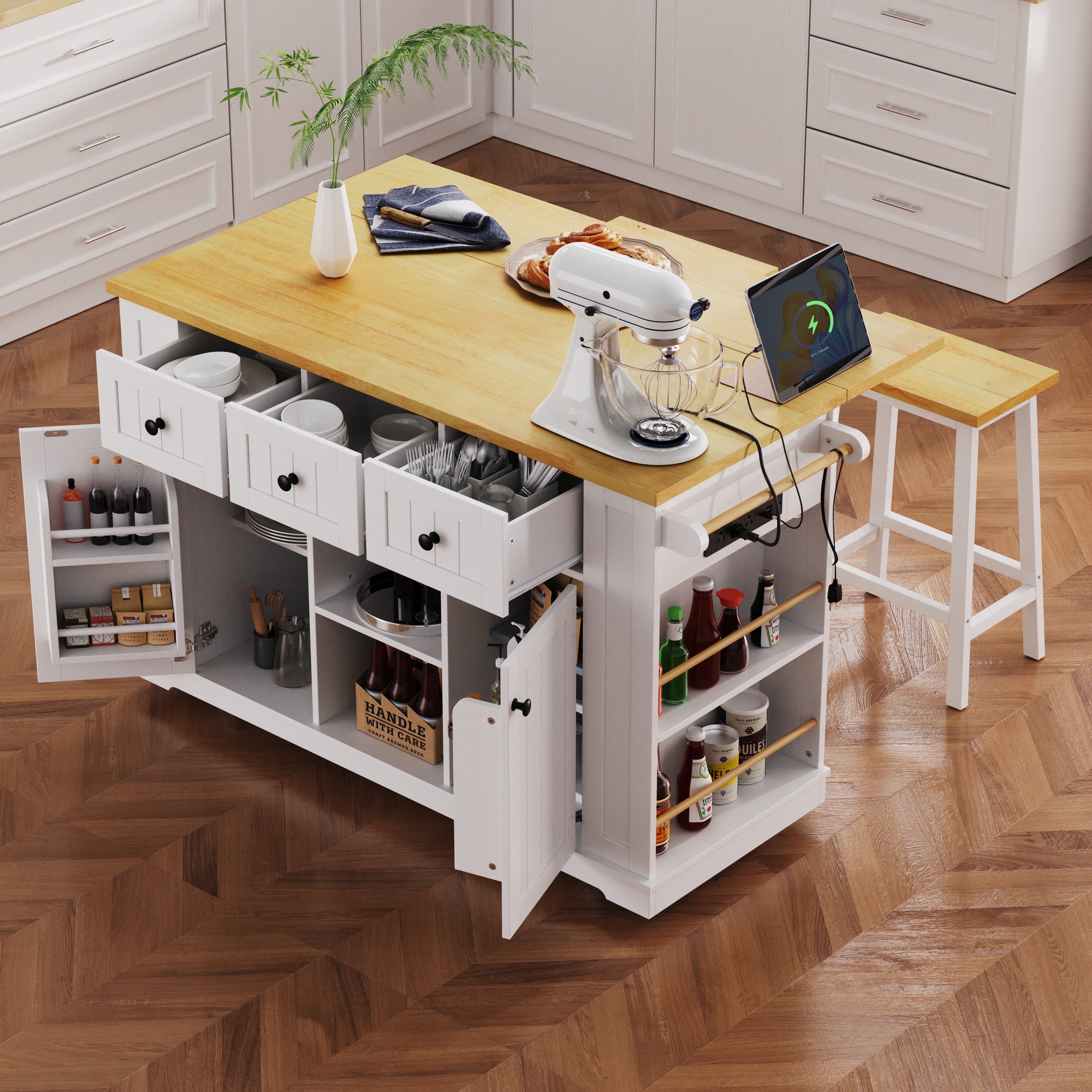 White Wood 53" Kitchen Island with Drop Leaf and Power Outlet