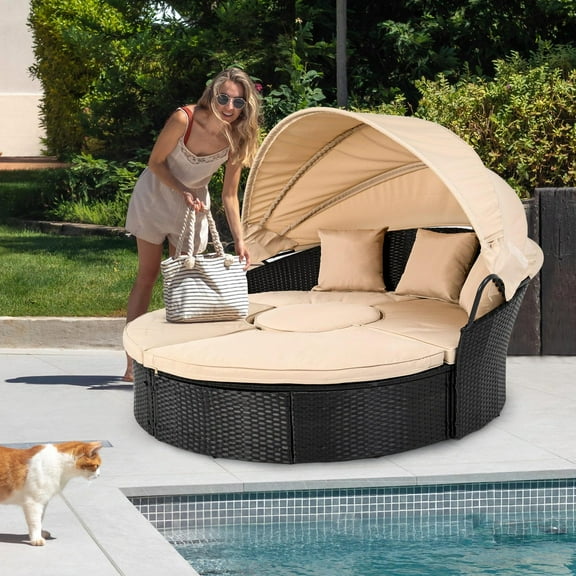 Glavbiku 64.1" Outdoor Wicker Round Daybed with Cushions,Rattan Sofa Bed with Lift Table,Beige